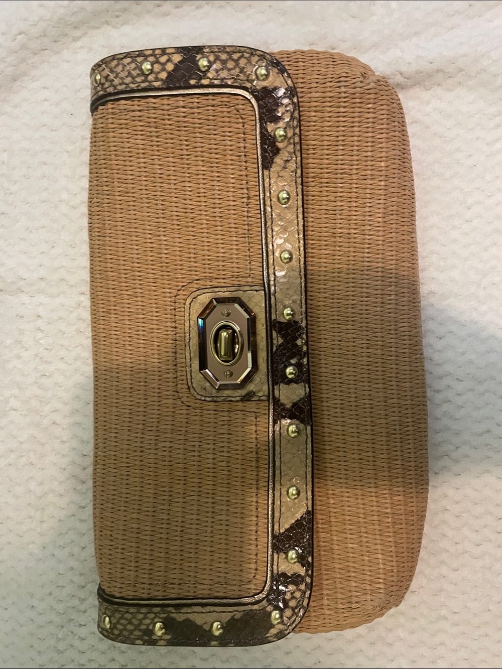 Tan Woven Clutch with Snake-Print Trim and Gold Turn-Lock